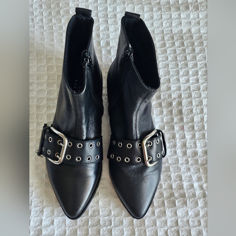 Barneys New York Black Leather Buckle Ankle Boots